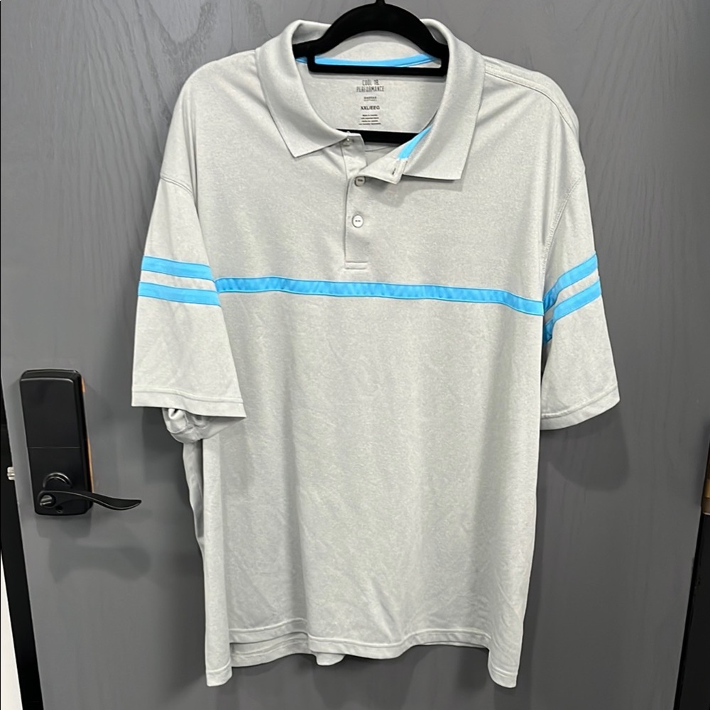 Men's Gray Polo Shirt with Blue Stripes